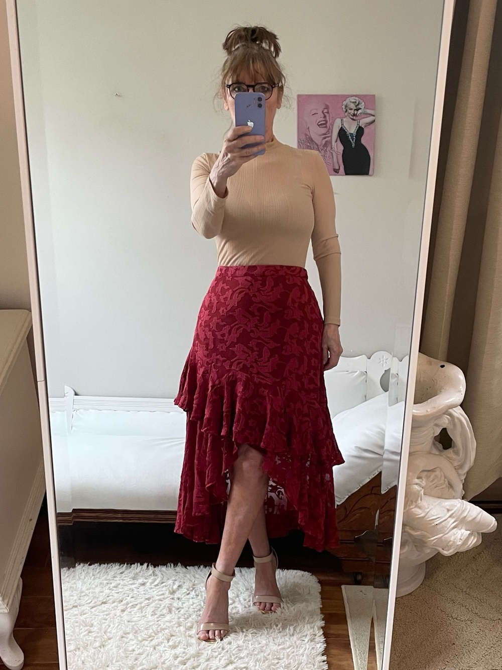 SUNDANCE VINTAGE HIGH LOW EMBOSSED RUFFLED FLOUNCED SKIRT STRETCH WAIST FLORAL